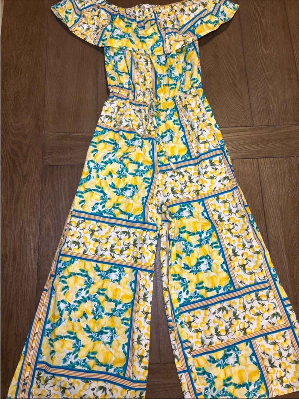 Off-Shoulder Lemon-Print Wide-Leg Jumpsuit in Yellow